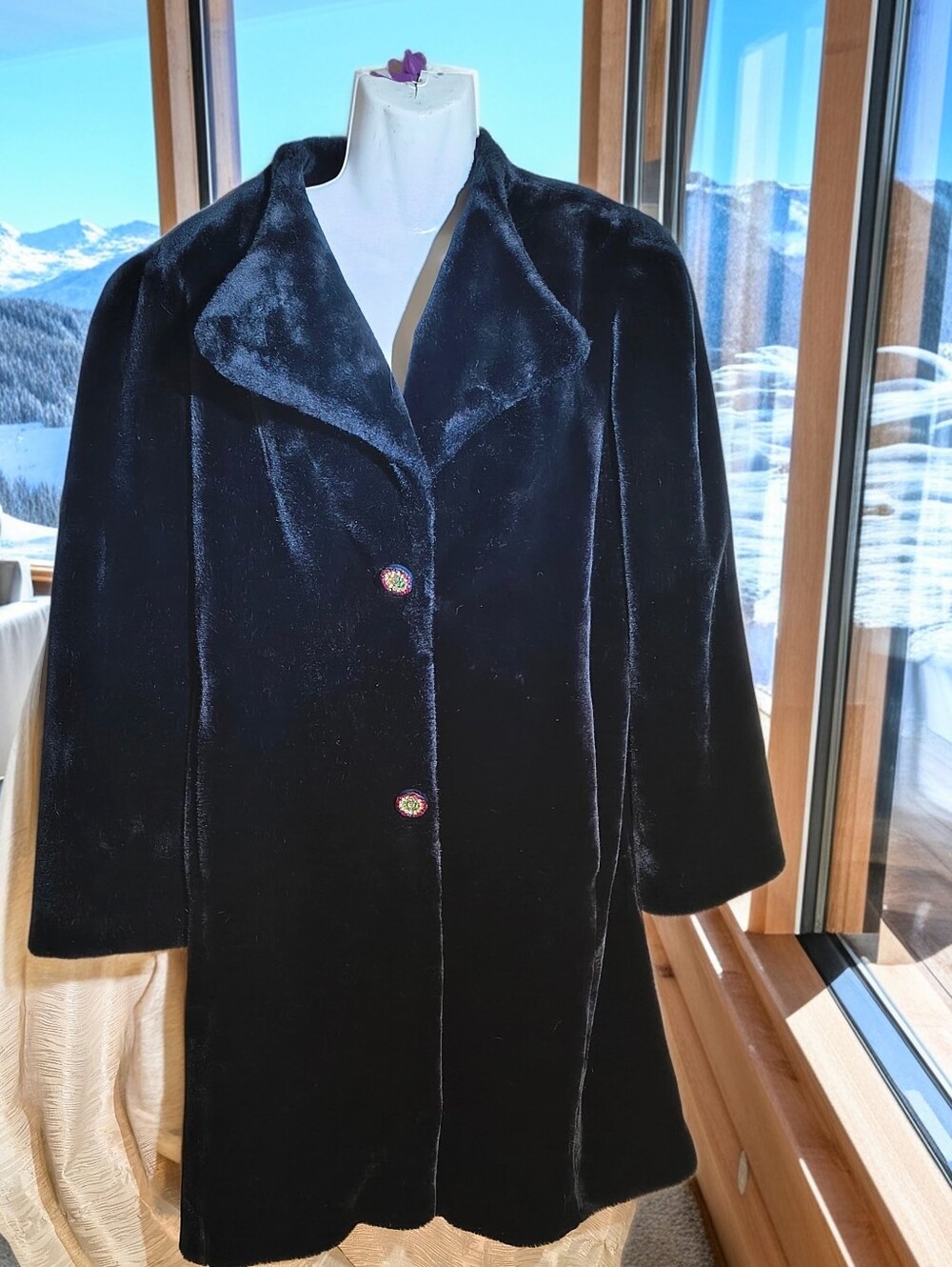 Black Faux Fur Coat With Custom Jeweled Buttons, Med. Velvety Soft, Superb USA